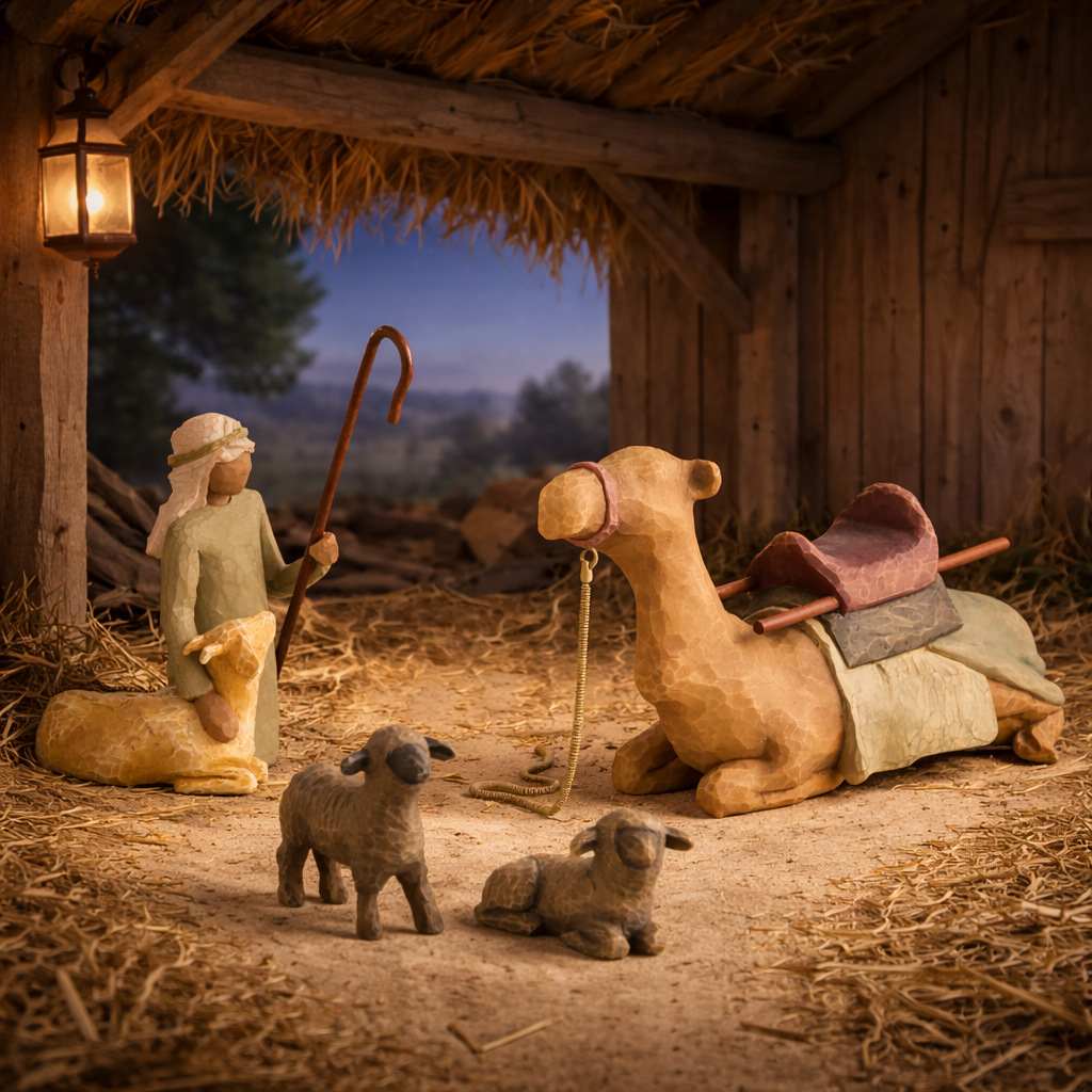Willow Tree Shepherd and Stable Animals Nativity figures for Christmas display